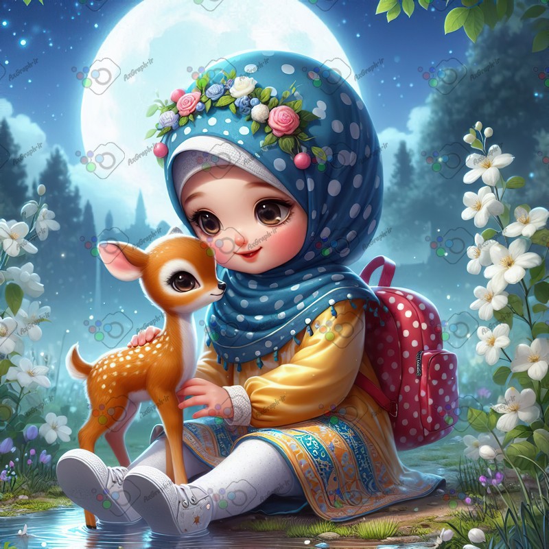 بک گراند کودکانه دختر بچه ناز با حجاب و بچه آهوی ناز زیر نور مهتاب در باغ گل یاس-کد 44422(ویژه عکس گراف)