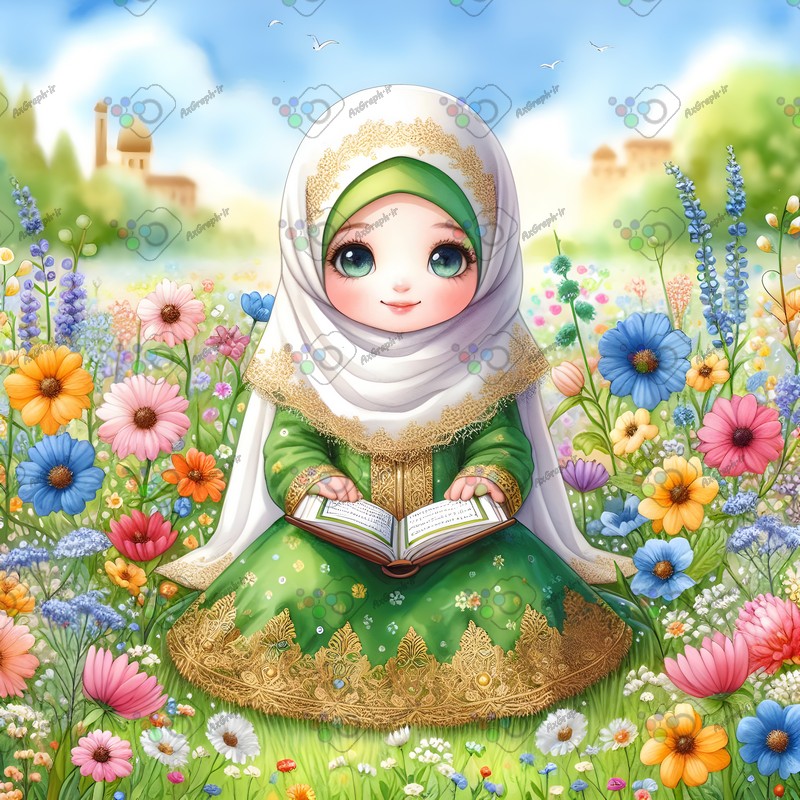 بک گراند کودکانه دختر بچه ناز با حجاب در حال قرآن خواندن میان گلهای دشت-کد 44579(ویژه عکس گراف)