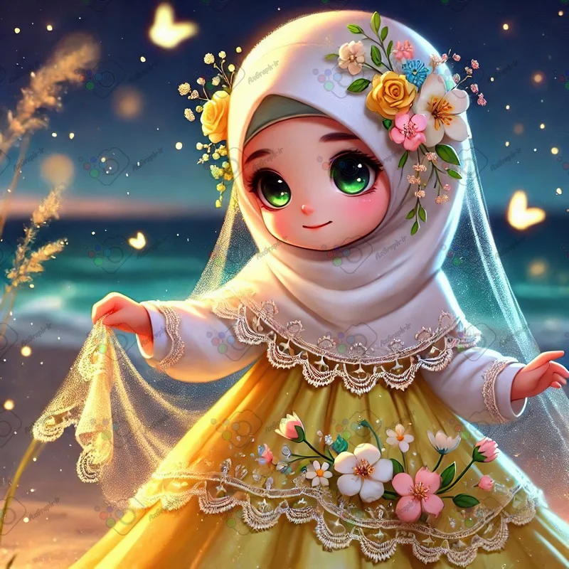 بک گراند کودکانه دختر کوچولوی ناز با حجاب در ساحل زیر نور مهتاب-کد 43688(ویژه عکس گراف)