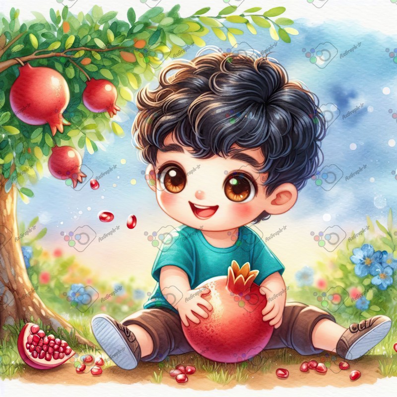بک گراند کودکانه یلدا با طرح پسربچه خوشحال زیر درخت انار-کد 44774(ویژه عکس گراف)