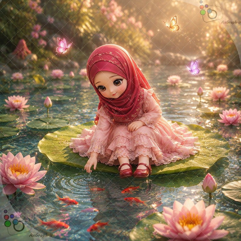 طرح دختربچه عروسکی با مقنعه قرمز نشسته روی برگ نیلوفر آبی در دریاچه نیلوفرها و ماهی‌های قرمز - کد 44936 (ویژه عکس گراف)
