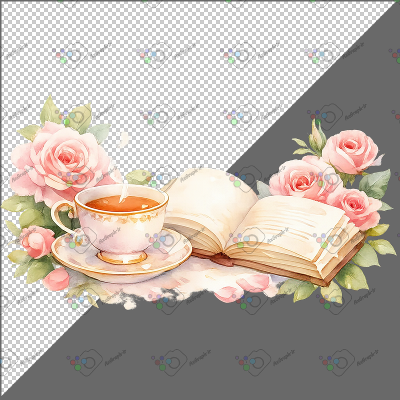 طرح برچسب فانتزی کتاب و گل رز و فنجان چای-کد 70147(ویژه عکس گراف)