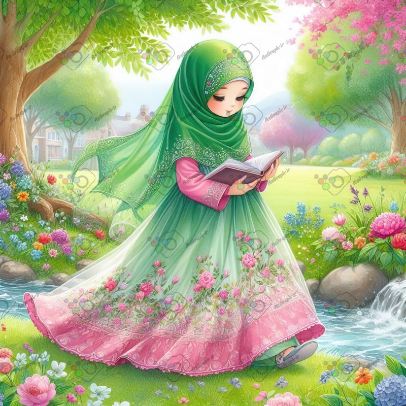 بک گراند کودکانه دختر ناز با حجاب در حال قدم زدن و مطالعه میان گلها-کد 44810(ویژه عکس گراف)