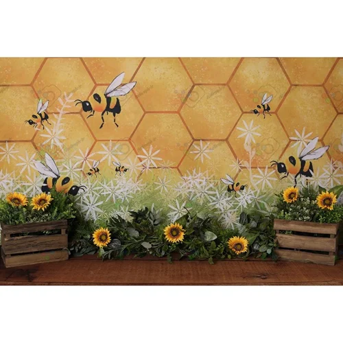 بک دراپ آتلیه تم زنبور عسل و گل آفتابگردون-کد 34152