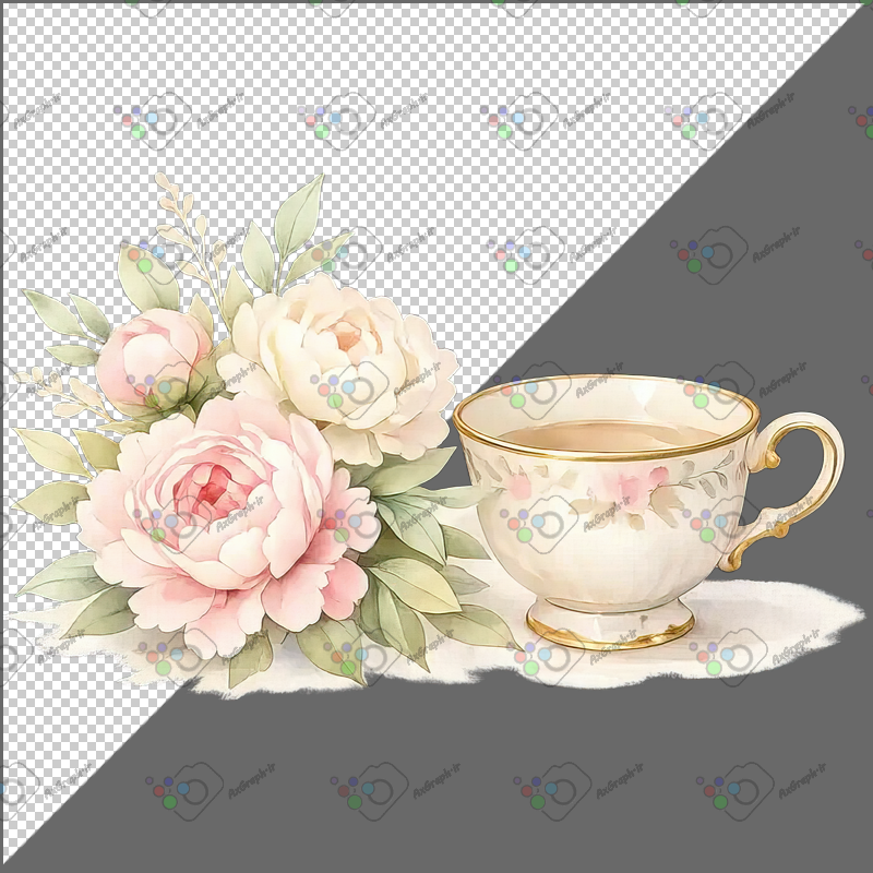 طرح برچسب فنجان چای و دسته گل-کد 70079(ویژه عکس گراف)