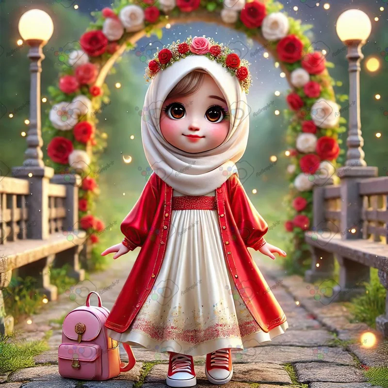 بک گراند کودکانه دختر ناز با حجاب ایستاده روی پل سنگی-کد 43472(ویژه عکس گراف)