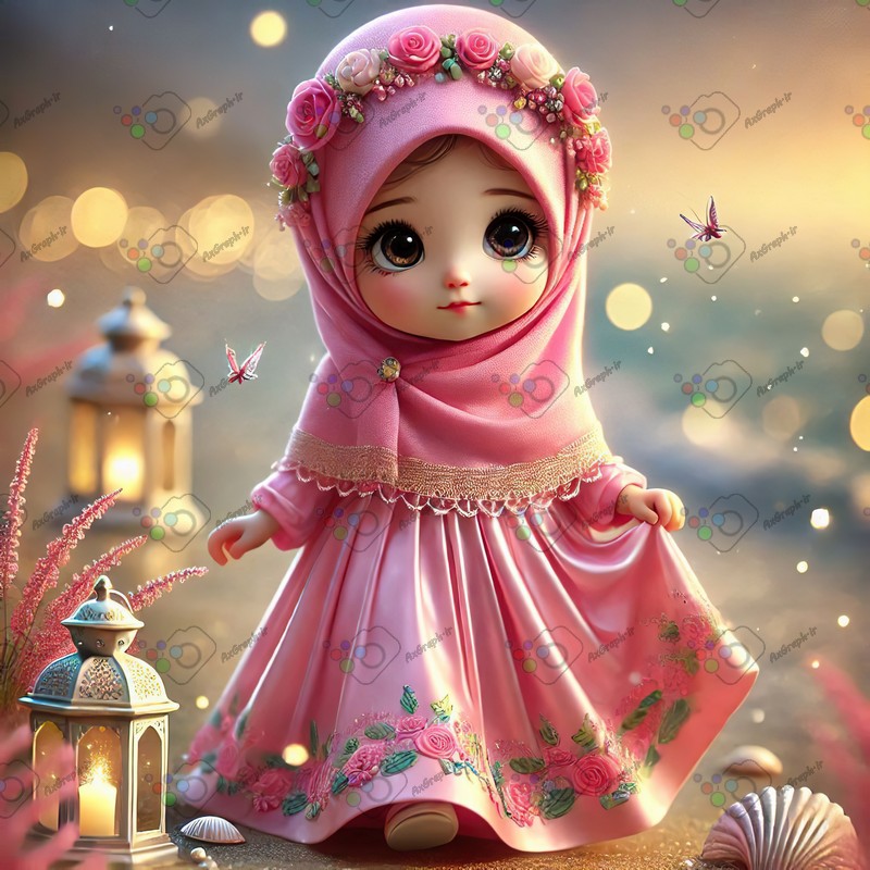 بک گراند کودکانه دختر ریزه میزه ناز با حجاب در حال قدم زدن در ساحل-کد 44521(ویژه عکس گراف)