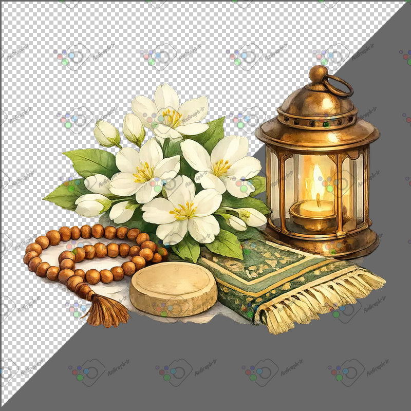 طرح برچسب مهر و سجاده و تبیح،فانوس و گل یاس-کد 70194(ویژه عکس گراف)