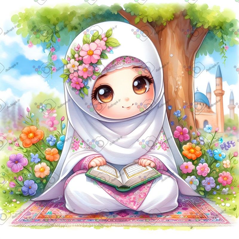 بک گراند کودکانه دختر بچه ناز با حجاب در حال قرآن خواندن کنار گلهای رنگارنگ-کد 44589(ویژه عکس گراف)