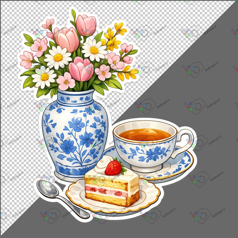 طرح برچسب فنجان چای و برش کیک و گلدان گل-کد 70086(ویژه عکس گراف)