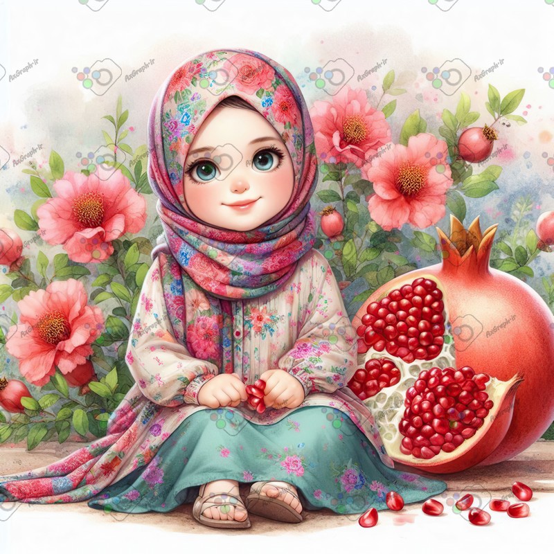 بک گراند کودکانه یلدا با طرح دختر بچه با حجاب و انار در باغ انار-کد 44726(ویژه عکس گراف)