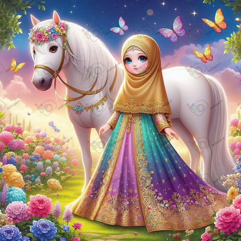 بک گراند کودکانه دختر ناز با حجاب ایستاده کنار اسب سپید-کد 43999(ویژه عکس گراف)
