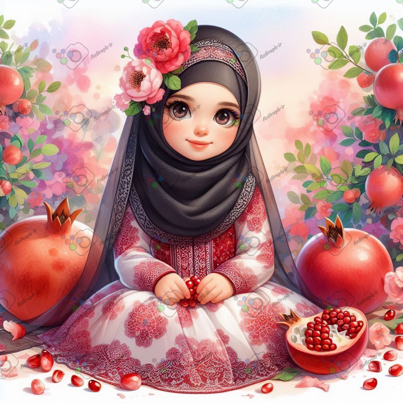 بک گراند کودکانه یلدا با طرح دختر بچه با حجاب نشسته در باغ انار-کد 44696(ویژه عکس گراف)