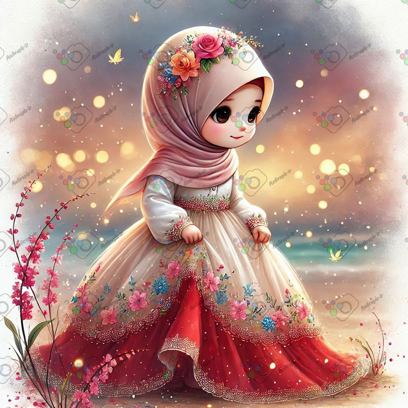 بک گراند کودکانه دختر ریزه میزه ناز با حجاب در حال قدم زدن در ساحل-کد 44529(ویژه عکس گراف)