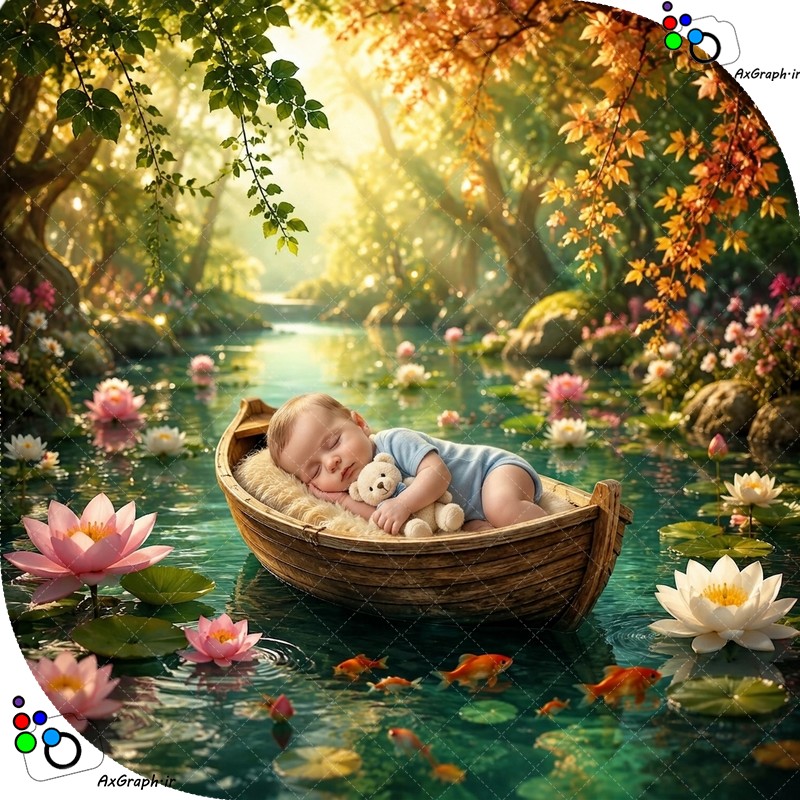 بک دراپ نوزاد قایق چوبی در دریاچه جنگلی-کد 55470(ویژه عکس گراف)
