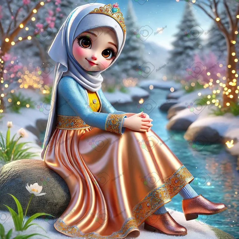 بک گراند کودکانه دختر ناز با حجاب نشسته روی تخته سنگ در باغ زمستانی-کد 43612(ویژه عکس گراف)