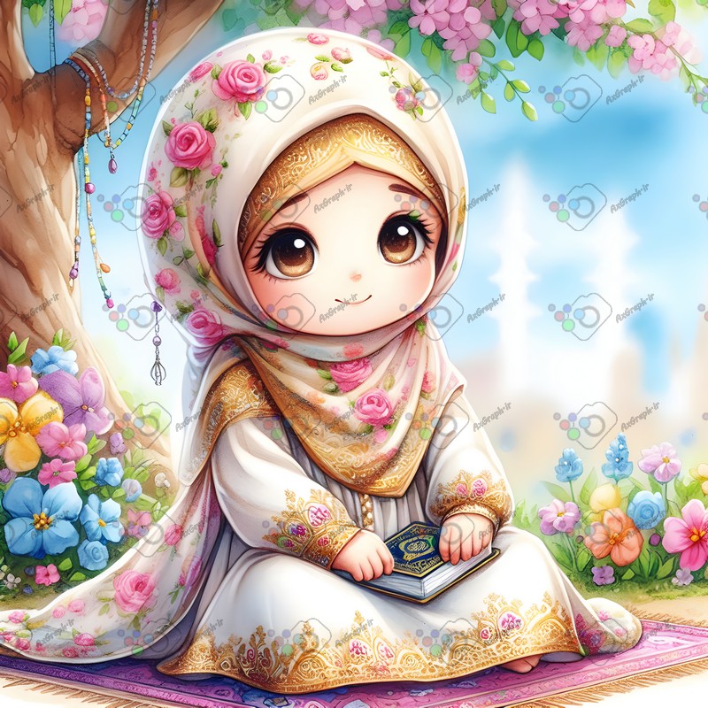 بک گراند کودکانه دختر بچه ناز با حجاب قرآن در دست نشسته زیر درخت-کد 44570(ویژه عکس گراف)