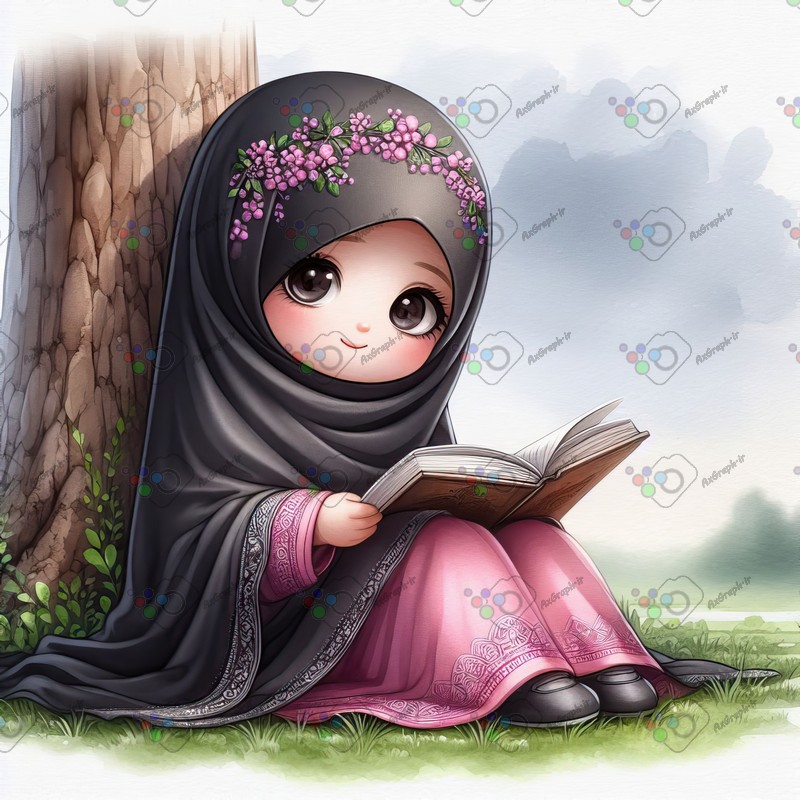 بک گراند کودکانه دختر کوچولوی ناز با چادری نشسته زیر درخت در حال مطالعه-کد 44486(ویژه عکس گراف)