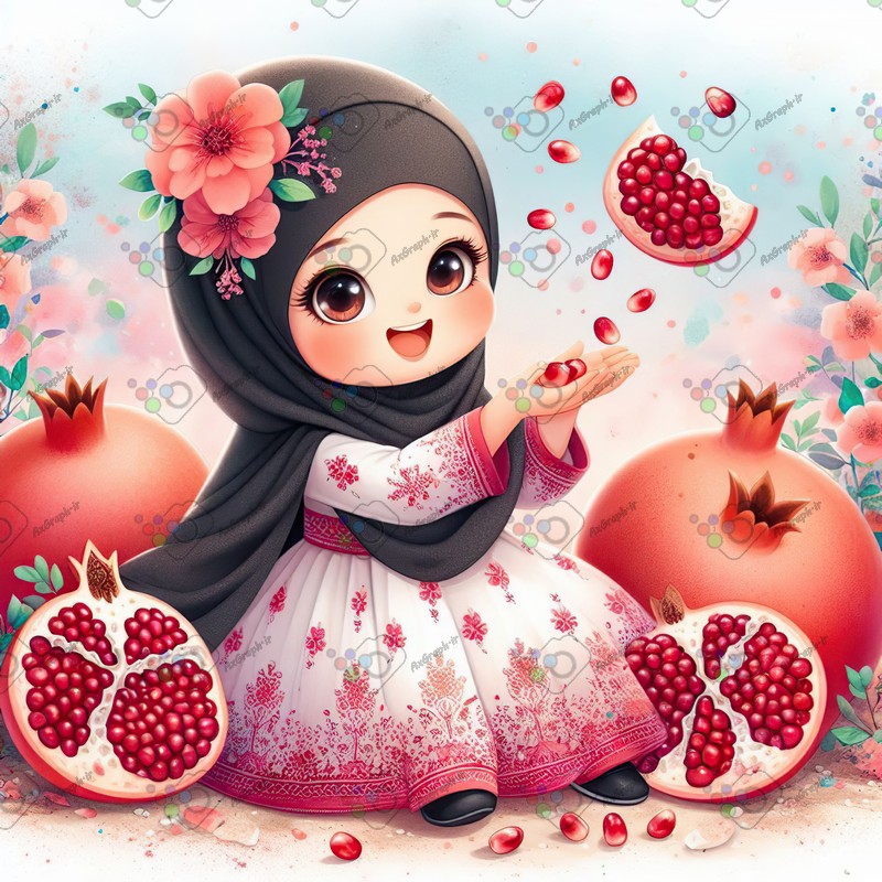 بک گراند کودکانه یلدا با طرح دختر بچه با حجاب در حال پرتاب دانه های انار به آسمان-کد 44698(ویژه عکس گراف)