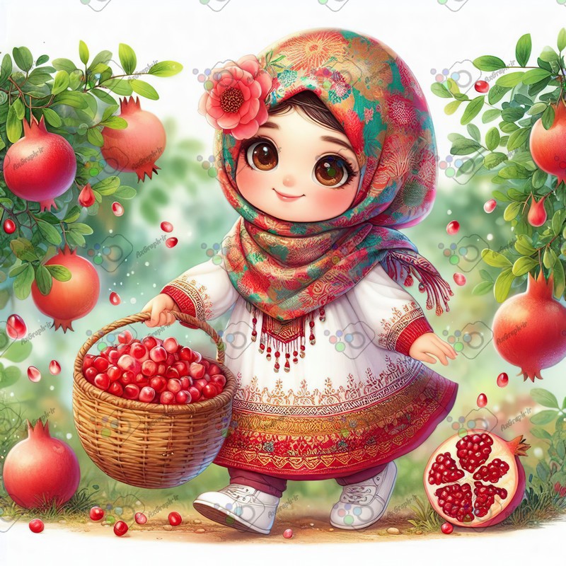 بک گراند کودکانه یلدا با طرح دختر بچه با حجاب با یک سبد از دانه انار در حال عبور از باغ انار-کد 44723(ویژه عکس گراف)
