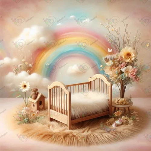 بک دراپ نوزاد تخت خواب چوبی و دسته گل و ابر و رنگین کمان-کد 55041(ویژه عکس گراف)