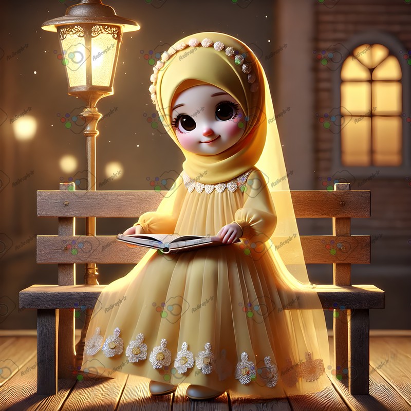 بک گراند کودکانه دختربچه ناز با حجاب نشسته روی نیمکت در حال مطالعه-کد 44618(ویژه عکس گراف)