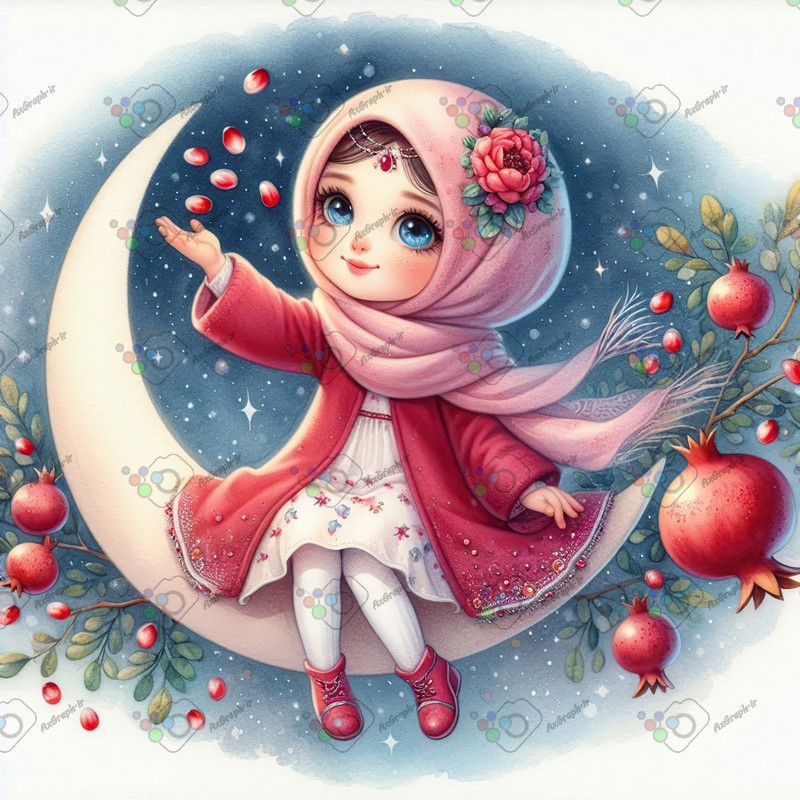 بک گراند کودکانه یلدا با طرح دختر بچه با حجاب نشسته روی ماه با انار-کد 44656(ویژه عکس گراف)