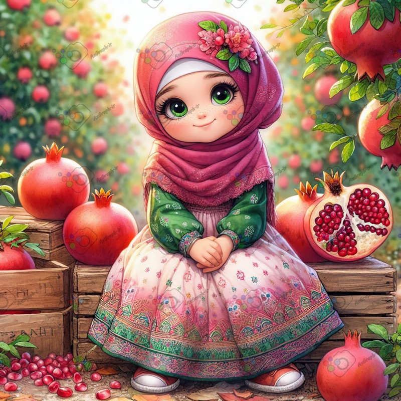 بک گراند کودکانه یلدا با طرح دختر بچه با حجاب نشسته روی جعبه چوبی در باغ انار-کد 44693(ویژه عکس گراف)