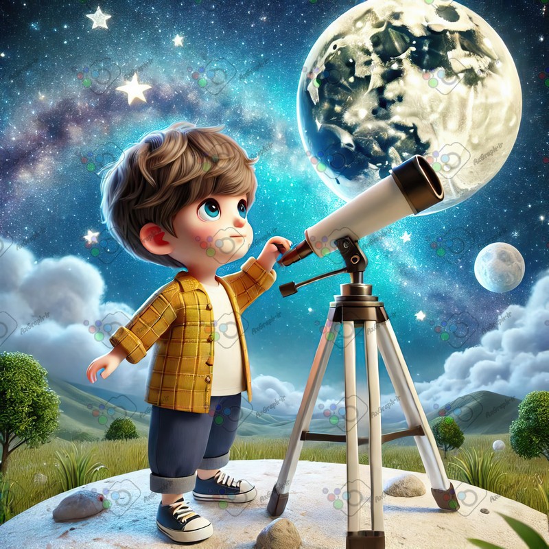 بک گراند کودکانه پسربچه با مزه در حال دیدن ستاره ها با تلسکوپ-کد 44503(ویژه عکس گراف)