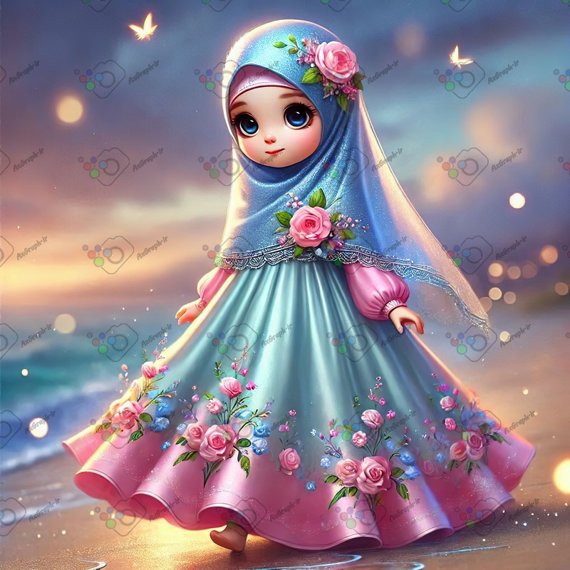 بک گراند کودکانه دختر ریزه میزه ناز با حجاب در حال قدم زدن کنار دریا-کد 44527(ویژه عکس گراف)