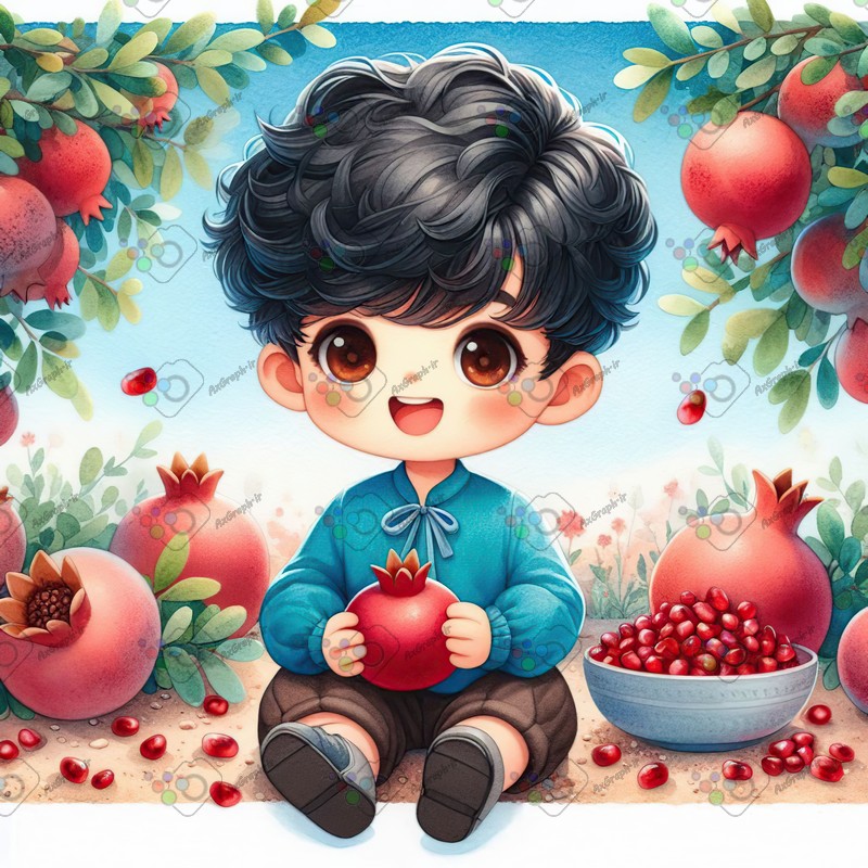 بک گراند کودکانه یلدا با طرح پسربچه خوشحال نشسته در باغ انار-کد 44803(ویژه عکس گراف)