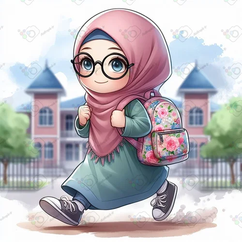 بک گراند کودکانه دختر دانش آموز عینکی با کوله پشتی گل گلی در حال دویدن به سمت مدرسه(ویژه عکس گراف)-کد 41287