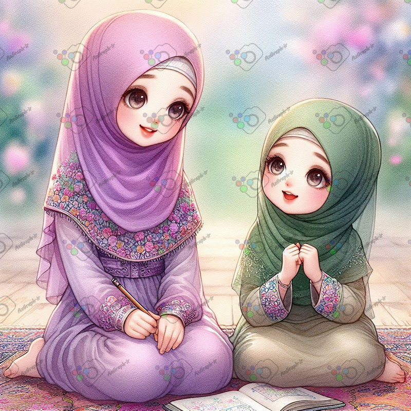 بک گراند کودکانه خواهران ناز با حجاب در حال نوشتن-کد 44452(ویژه عکس گراف)