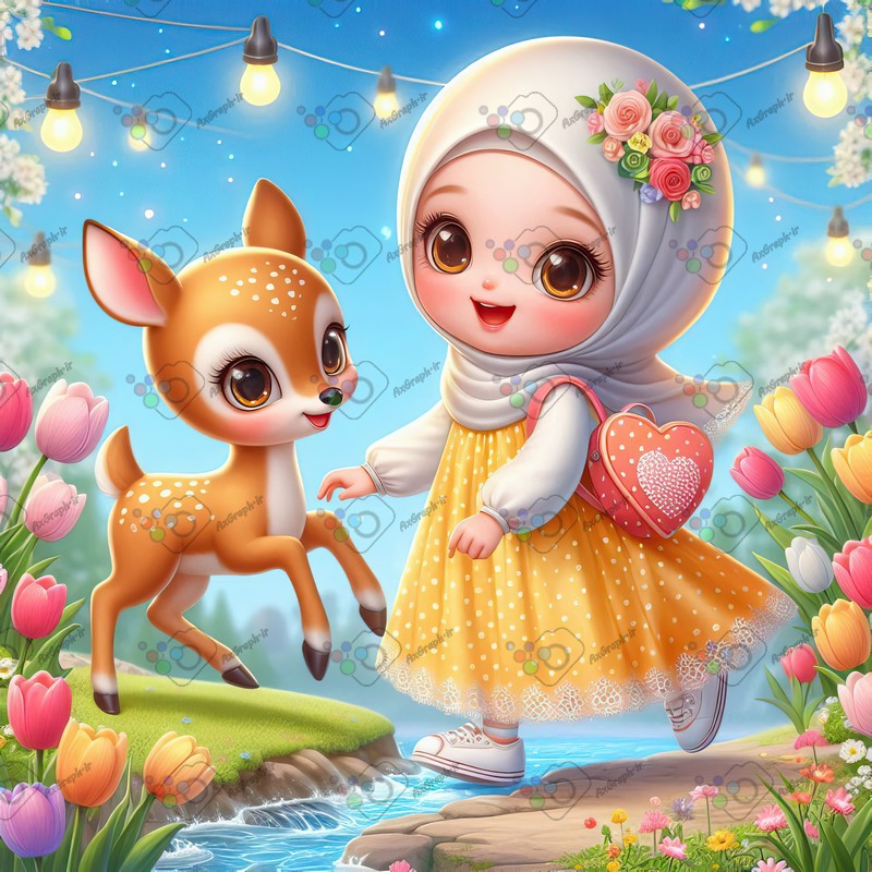بک گراند کودکانه دختر بچه ناز با حجاب و بچه آهوی ناز در حال بازی در باغ لاله-کد 44544(ویژه عکس گراف)