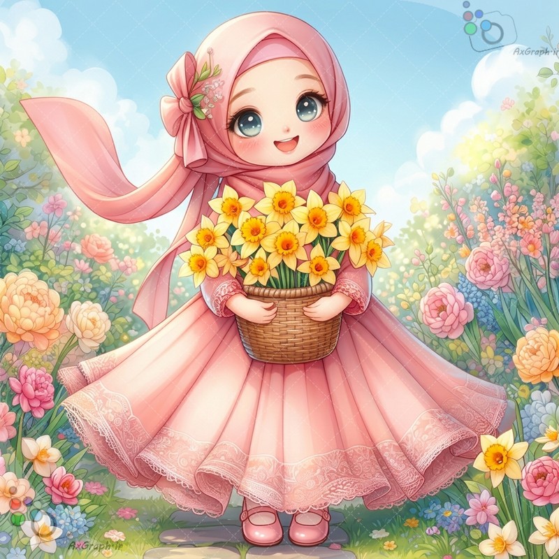 🌟🌼 طرح دختربچه فانتزی با لباس صورتی و سبد گل‌های نرگس زرد در دشت بهاری - کد ۴۴۹۸۸ (ویژه عکس گراف) 👑🌸✨