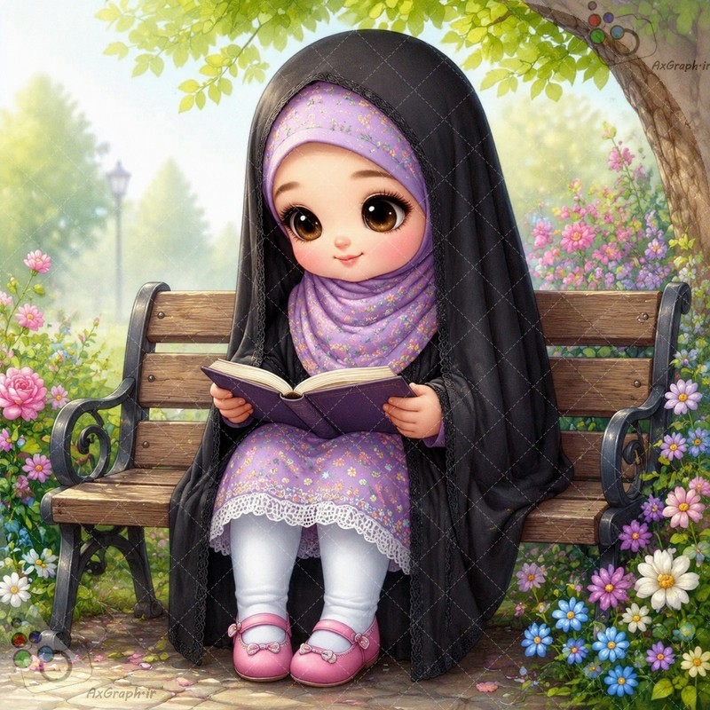 🌟📖 طرح دختربچه معصوم چادری باحجاب در حال مطالعه کتاب روی نیمکت پارک بهاری - کد ۴۵۰۱۷ (ویژه عکس گراف) 🖤🌸✨