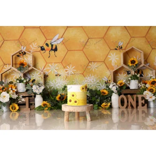 بک دراپ تولد یک سالگی تم گل افتابگردون و زنبور عسل-کد 356