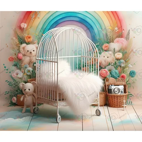 بک دراپ نوزاد تخت خواب و رنگین کمان و سبد و عروسک-کد 55018(ویژه عکس گراف)