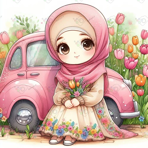 بک گراند کودکانه دختر زیبای محجبه با لباس گل گلی کنار ماشین صورتی در باغ گل لاله(ویژه عکس گراف)-کد 41279