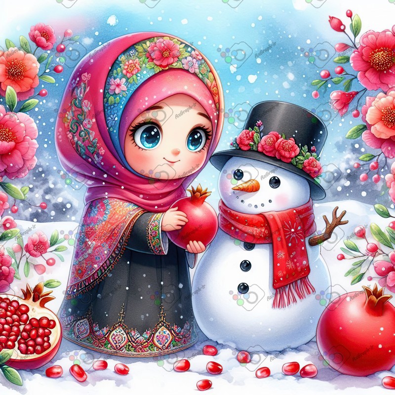 بک گراند کودکانه یلدا با طرح دختر بچه با حجاب و انار و آدم برفی در باغ زمستانی-کد 44728(ویژه عکس گراف)