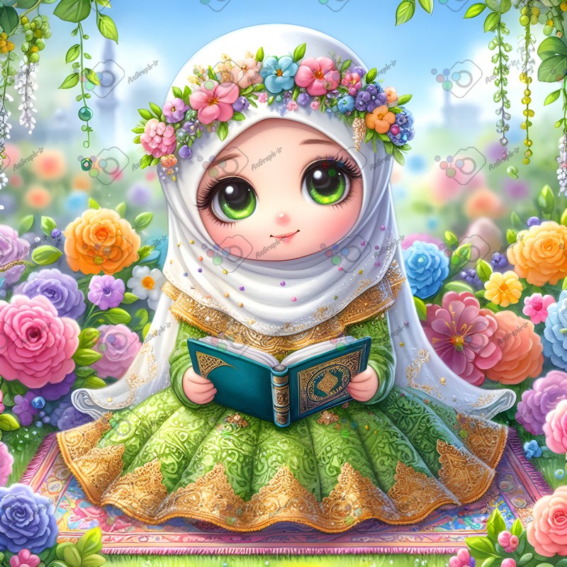 بک گراند کودکانه دختر بچه ناز با حجاب در حال قرآن خواندن میان گلها-کد 44573(ویژه عکس گراف)