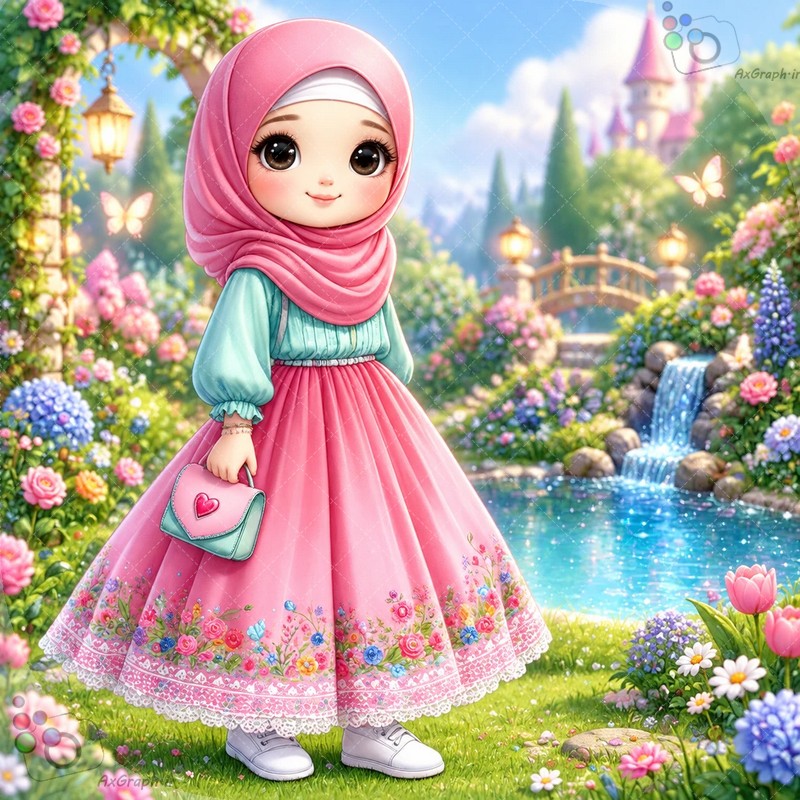 🌟💖 طرح دختربچه فانتزی پرنسسی با لباس صورتی و سبز در باغ بهشتی و آبشار - کد ۴۴۹۸۵ (ویژه عکس گراف) 🏰🌸✨