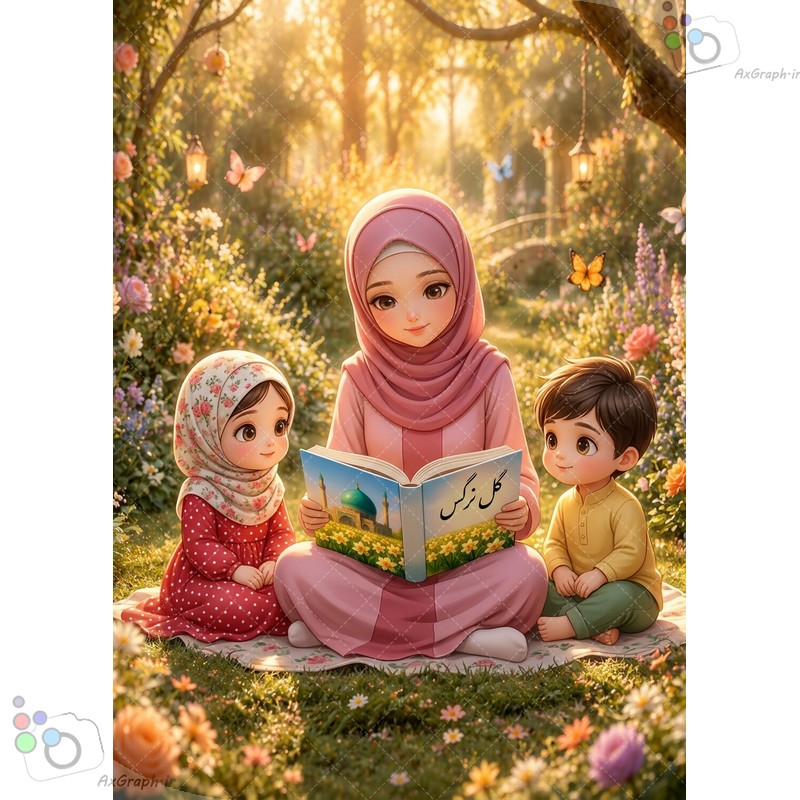 طرح مادر در حال خواندن کتاب برای بچه ها در باغ گل و پروانه - کد 44894 (ویژه عکس گراف)