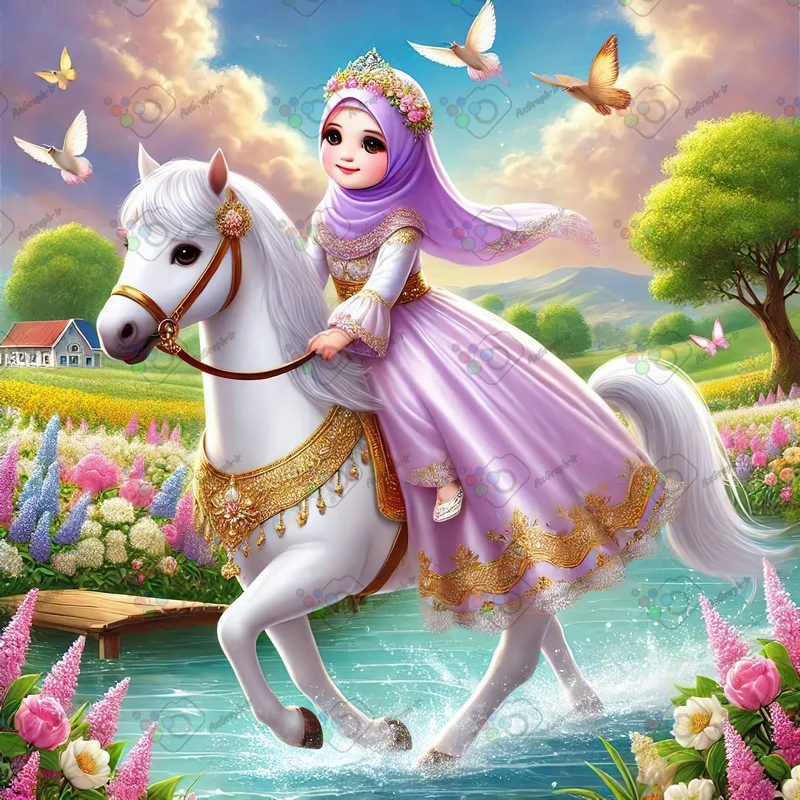 بک گراند کودکانه دختر ناز با حجاب سوار بر اسب سپید-کد 43991(ویژه عکس گراف)