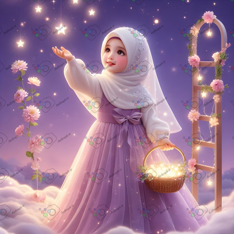 بک گراند کودکانه دختر ناز با حجاب و سبد ستاره-کد 44605(ویژه عکس گراف)
