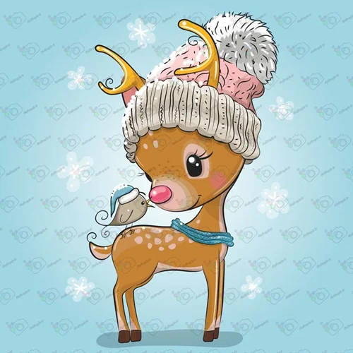 دانلود وکتور کارتونی بچه گوزن و گنجشک در روز برفی-کد 10115