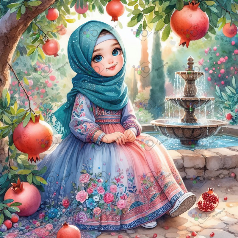 بک گراند کودکانه یلدا با طرح دختر بچه با حجاب نشسته کنار حوض زیر درخت انار-کد 44694(ویژه عکس گراف)
