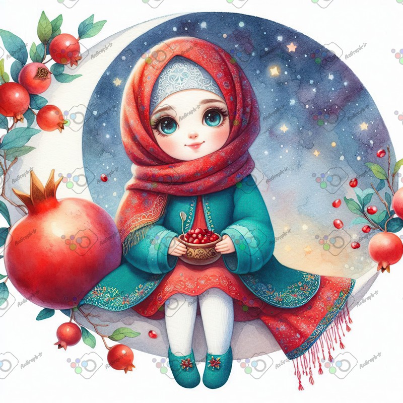 بک گراند کودکانه یلدا با طرح دختر بچه با حجاب با کاسه انار روی ماه-کد 44657(ویژه عکس گراف)