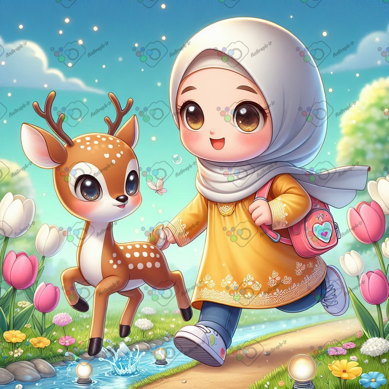 بک گراند کودکانه دختر بچه ناز با حجاب و بچه آهو در حال عبور از رودخونه-کد 44548(ویژه عکس گراف)