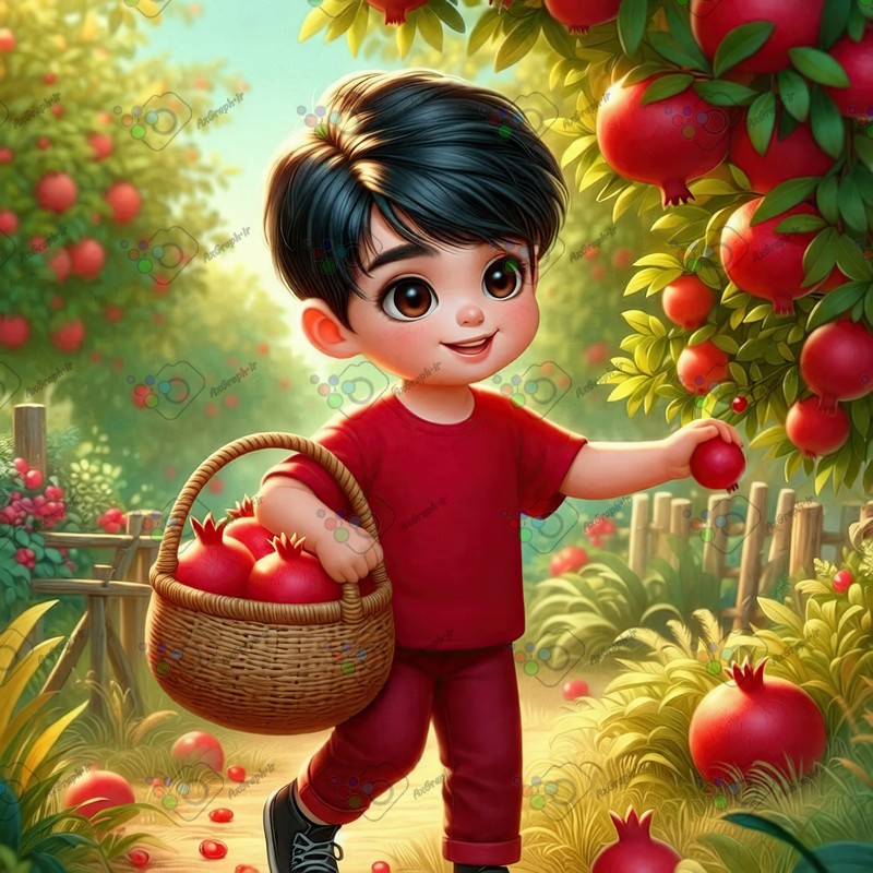 بک گراند کودکانه یلدا با طرح پسربچه با سبد انار در حال چیدن انار از درخت-کد 44748(ویژه عکس گراف)